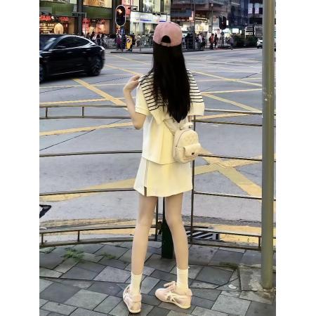 FA38349# 大方得体穿搭一整套新款温柔风清纯条纹披肩短袖半身裙两件套 服裝批發女裝批發服飾貨源