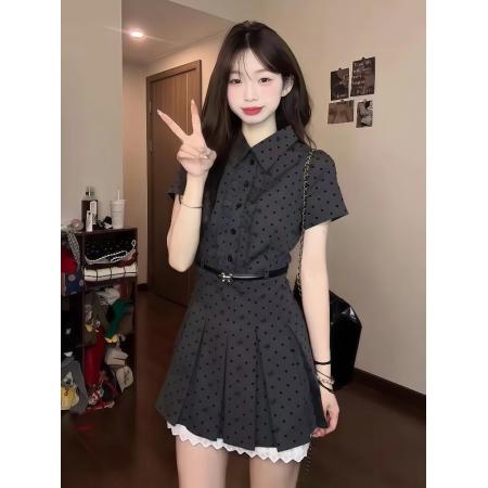 FA38351# 韩系复古假两件波点连衣裙女夏季学院风穿搭收腰显瘦a字裙子 服裝批發女裝批發服飾貨源