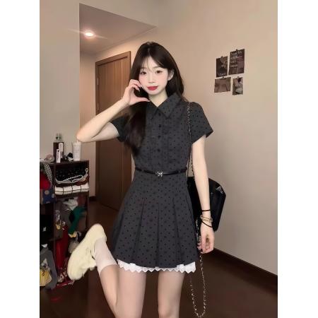 FA38351# 韩系复古假两件波点连衣裙女夏季学院风穿搭收腰显瘦a字裙子 服裝批發女裝批發服飾貨源