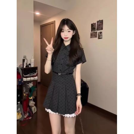 FA38351# 韩系复古假两件波点连衣裙女夏季学院风穿搭收腰显瘦a字裙子 服裝批發女裝批發服飾貨源