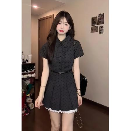 FA38351# 韩系复古假两件波点连衣裙女夏季学院风穿搭收腰显瘦a字裙子 服裝批發女裝批發服飾貨源
