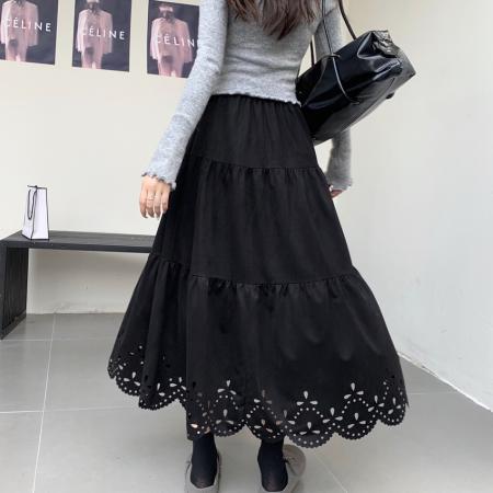 FA38353# 法式蕾丝边镂空烧花中长款半身裙女高腰A字褶皱层层蛋糕裙 服裝批發女裝批發服飾貨源