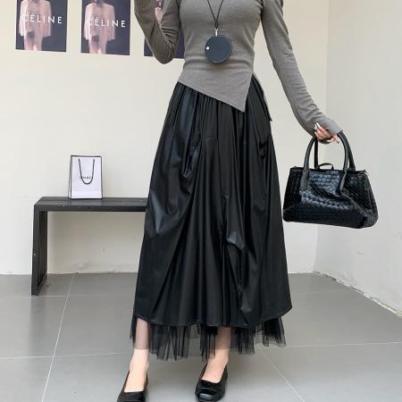 FA38354# 小众设计感拼接网纱皮裙半身裙女秋季新款褶皱高腰a字伞裙子 服裝批發女裝批發服飾貨源