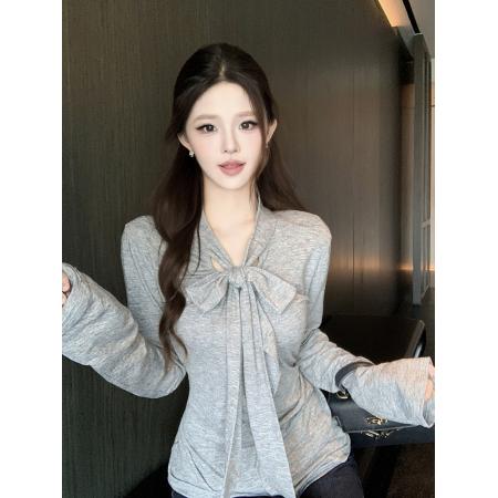 FA38363# 韩系松驰感秋季打底衫长袖t恤女灰色高级感巨好看上衣 服裝批發女裝批發服飾貨源