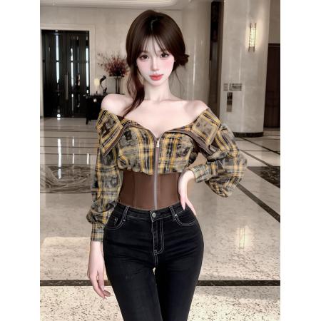 FA38365# 越南小众格纹拼皮长袖T恤上衣女秋冬一字肩拉链辣妹衬衫 服裝批發女裝批發服飾貨源