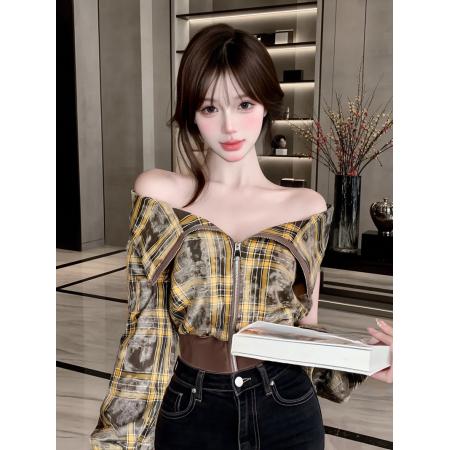 FA38365# 越南小众格纹拼皮长袖T恤上衣女秋冬一字肩拉链辣妹衬衫 服裝批發女裝批發服飾貨源