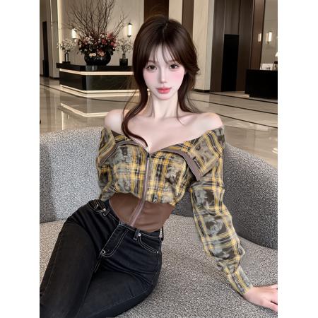 FA38365# 越南小众格纹拼皮长袖T恤上衣女秋冬一字肩拉链辣妹衬衫 服裝批發女裝批發服飾貨源