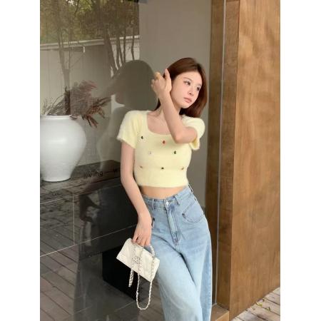 FA38367# 纯欲甜辣妹性感方领短款小上衣女短毛水貂绒独特别致绝美毛衣 服裝批發女裝批發服飾貨源