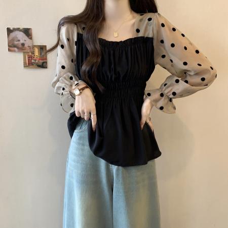 FA38369# 胖MM大码女装秋款泡泡袖雪纺衫短袖新款方领显瘦束腰上衣 服裝批發女裝批發服飾貨源