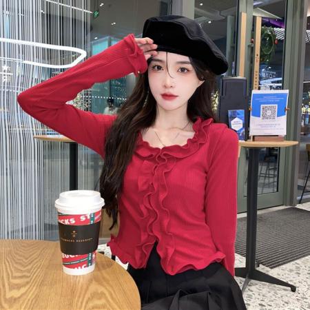 FA38370# 春秋新款少女感木耳边不规则T恤女修身显瘦打底外穿纯色上衣爆款 服裝批發女裝批發服飾貨源