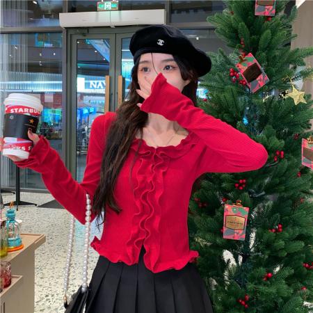 FA38370# 春秋新款少女感木耳边不规则T恤女修身显瘦打底外穿纯色上衣爆款 服裝批發女裝批發服飾貨源
