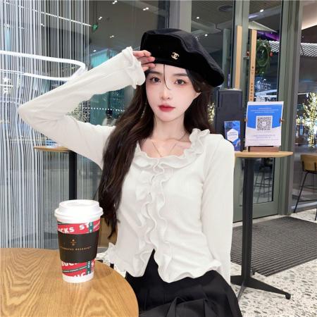 FA38370# 春秋新款少女感木耳边不规则T恤女修身显瘦打底外穿纯色上衣爆款 服裝批發女裝批發服飾貨源
