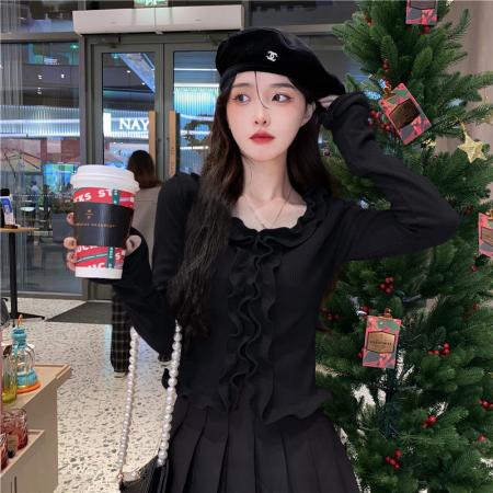FA38370# 春秋新款少女感木耳边不规则T恤女修身显瘦打底外穿纯色上衣爆款 服裝批發女裝批發服飾貨源