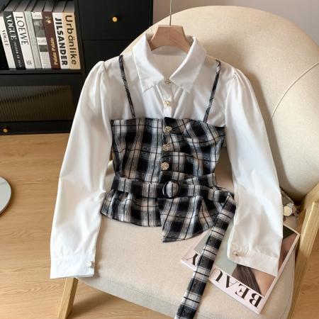 FA38372# 早季新款法式气质百搭小香风假两件格纹Polo领衬衫 服裝批發女裝批發服飾貨源