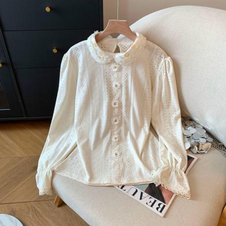FA38375# 精致蕾丝绣花翻领荷叶边长袖衬衫女钩花喇叭袖衬衣 服裝批發女裝批發服飾貨源