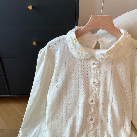 FA38375# 精致蕾丝绣花翻领荷叶边长袖衬衫女钩花喇叭袖衬衣 服裝批發女裝批發服飾貨源