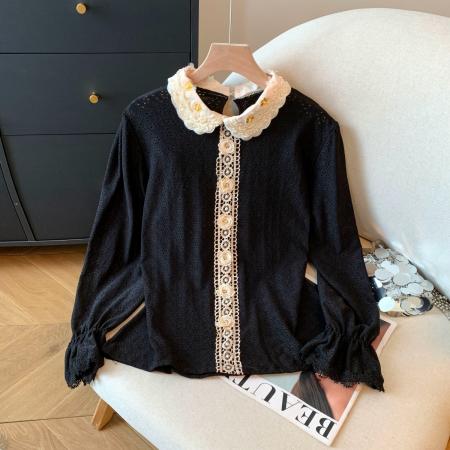 FA38375# 精致蕾丝绣花翻领荷叶边长袖衬衫女钩花喇叭袖衬衣 服裝批發女裝批發服飾貨源