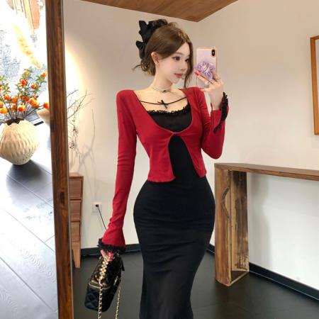 FA38378# 蕾丝花边吊带连衣裙女早秋新款韩系长袖上衣包臀长裙两件套装 服裝批發女裝批發服飾貨源