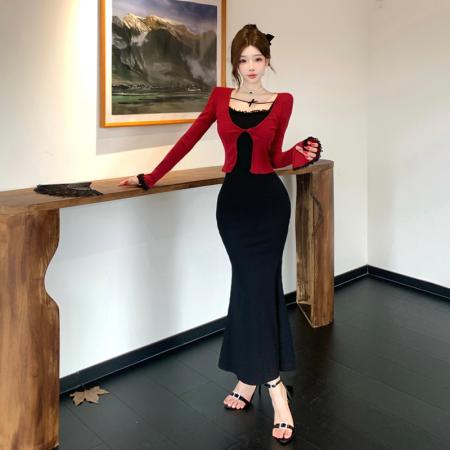 FA38378# 蕾丝花边吊带连衣裙女早秋新款韩系长袖上衣包臀长裙两件套装 服裝批發女裝批發服飾貨源