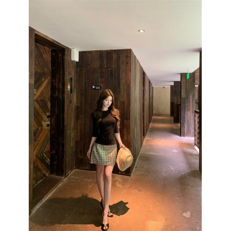 FA38386# 时尚老钱风铜氨针织中袖T恤醋酸短裙套装 服裝批發女裝批發服飾貨源