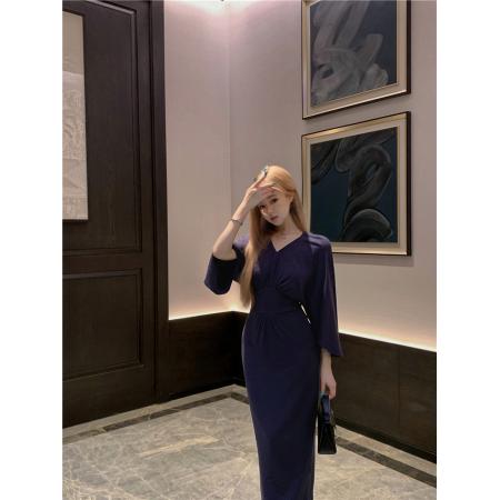 FA38389# 美的很轻松慵懒风新款法式气质褶皱V领连衣裙包臀裙 服裝批發女裝批發服飾貨源
