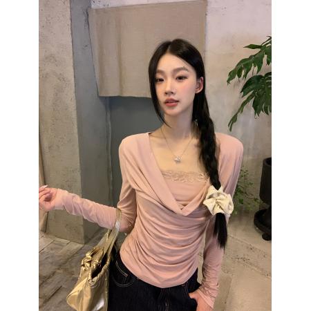 FA38395# 长袖t恤女新款早秋正肩粉色设计感独特漂亮减龄款上衣 服裝批發女裝批發服飾貨源