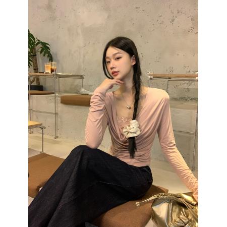 FA38395# 长袖t恤女新款早秋正肩粉色设计感独特漂亮减龄款上衣 服裝批發女裝批發服飾貨源