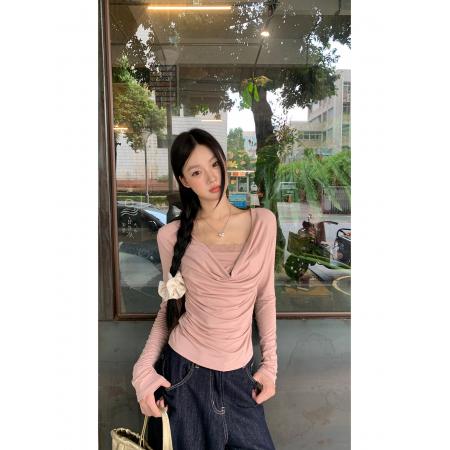 FA38395# 长袖t恤女新款早秋正肩粉色设计感独特漂亮减龄款上衣 服裝批發女裝批發服飾貨源