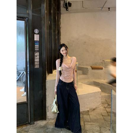 FA38395# 长袖t恤女新款早秋正肩粉色设计感独特漂亮减龄款上衣 服裝批發女裝批發服飾貨源
