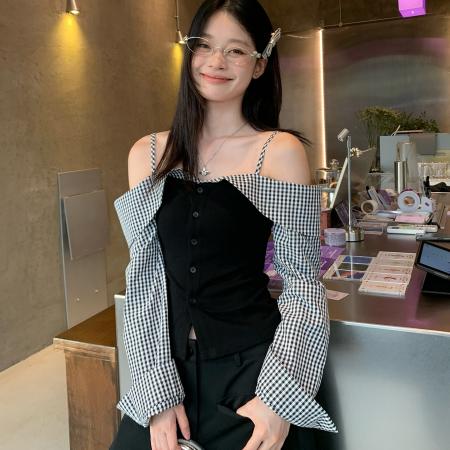 FA38396# 假两件露肩长袖t恤女夏季新款格子拼接设计感修身辣妹上衣 服裝批發女裝批發服飾貨源