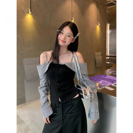 FA38396# 假两件露肩长袖t恤女夏季新款格子拼接设计感修身辣妹上衣 服裝批發女裝批發服飾貨源