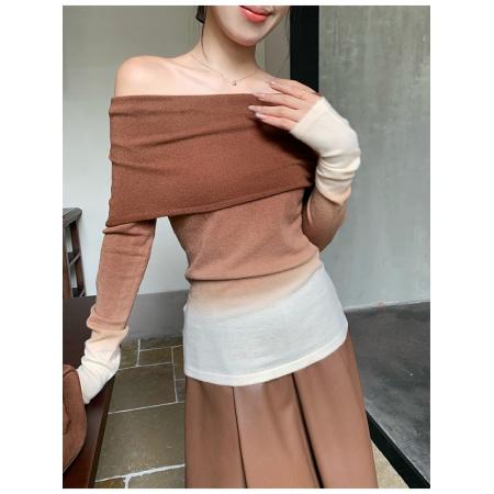 FA38397# 秋季新款性感一字领渐变色针织衫女修身显瘦百搭毛衣打底衫 服裝批發女裝批發服飾貨源
