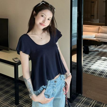 FA38399# 方U领不对称波浪下摆短袖T恤女设计感宽松显瘦款百搭上衣 服裝批發女裝批發服飾貨源