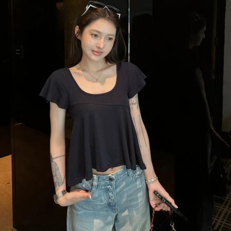 FA38399# 方U领不对称波浪下摆短袖T恤女设计感宽松显瘦款百搭上衣 服裝批發女裝批發服飾貨源
