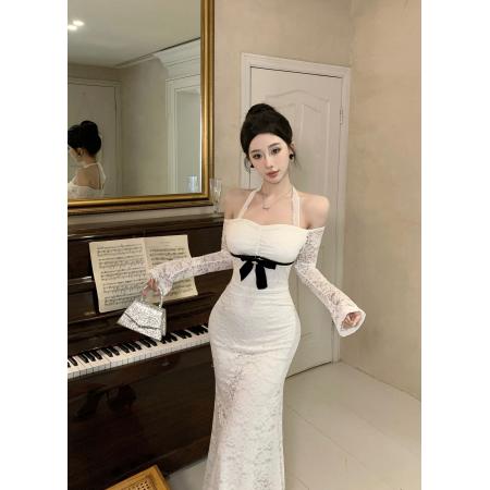 FA38403# 辣妹一字肩蝴蝶结蕾丝连衣裙 服裝批發女裝批發服飾貨源