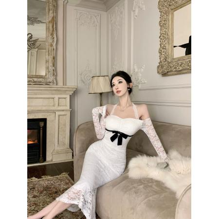 FA38403# 辣妹一字肩蝴蝶结蕾丝连衣裙 服裝批發女裝批發服飾貨源