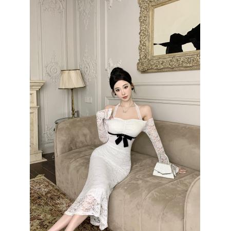 FA38403# 辣妹一字肩蝴蝶结蕾丝连衣裙 服裝批發女裝批發服飾貨源