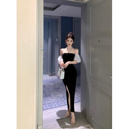 FA38407# 气质一字肩拼色晚礼服连衣裙 服裝批發女裝批發服飾貨源