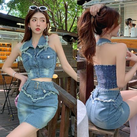 FA38413# 辣妹炸街两件套装女夏新款时尚牛仔挂脖背心高腰半身裙 服裝批發女裝批發服飾貨源