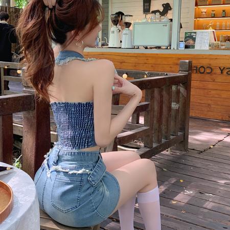 FA38413# 辣妹炸街两件套装女夏新款时尚牛仔挂脖背心高腰半身裙 服裝批發女裝批發服飾貨源