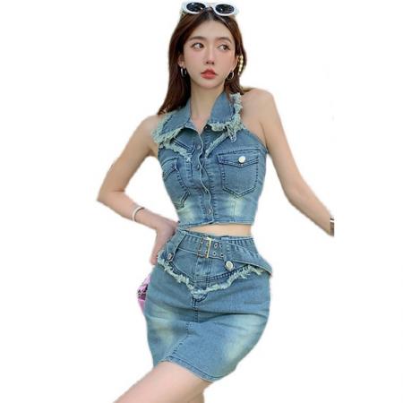 FA38413# 辣妹炸街两件套装女夏新款时尚牛仔挂脖背心高腰半身裙 服裝批發女裝批發服飾貨源