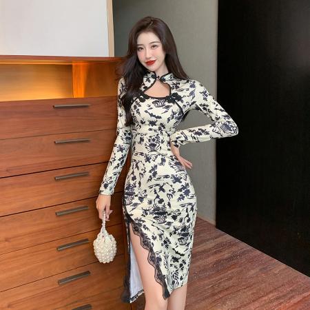 FA38416# 复古气质改良旗袍蕾丝拼接收腰显瘦长袖开叉连衣裙 服裝批發女裝批發服飾貨源