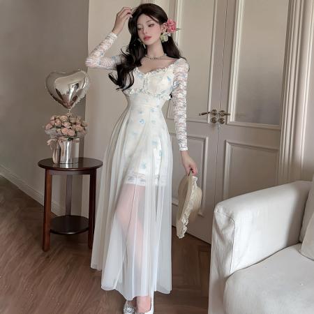 FA38419# 法式薄荷绿仙女裙网纱蕾丝拼接长袖连衣裙礼服收腰大摆长裙子 服裝批發女裝批發服飾貨源