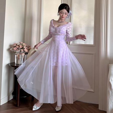 FA38419# 法式薄荷绿仙女裙网纱蕾丝拼接长袖连衣裙礼服收腰大摆长裙子 服裝批發女裝批發服飾貨源
