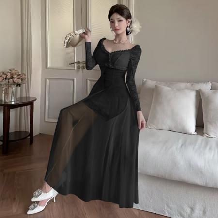 FA38419# 法式薄荷绿仙女裙网纱蕾丝拼接长袖连衣裙礼服收腰大摆长裙子 服裝批發女裝批發服飾貨源