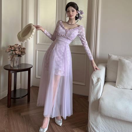 FA38419# 法式薄荷绿仙女裙网纱蕾丝拼接长袖连衣裙礼服收腰大摆长裙子 服裝批發女裝批發服飾貨源