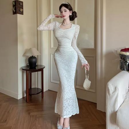 FA38420# 法式温柔风鱼尾裙甜美减龄长袖订珠蕾丝连衣裙收腰中长礼服裙 服裝批發女裝批發服飾貨源