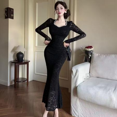 FA38420# 法式温柔风鱼尾裙甜美减龄长袖订珠蕾丝连衣裙收腰中长礼服裙 服裝批發女裝批發服飾貨源