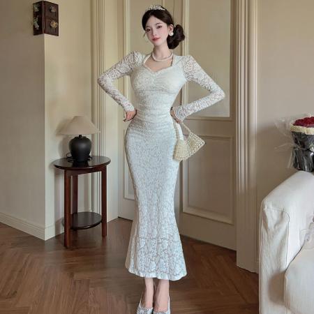 FA38420# 法式温柔风鱼尾裙甜美减龄长袖订珠蕾丝连衣裙收腰中长礼服裙 服裝批發女裝批發服飾貨源