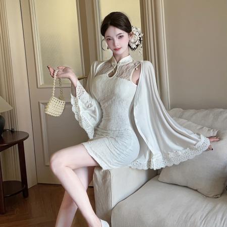 FA38421# 新中式改良旗袍盘扣背心连衣裙女性感收腰披肩蕾丝短裙套装 服裝批發女裝批發服飾貨源